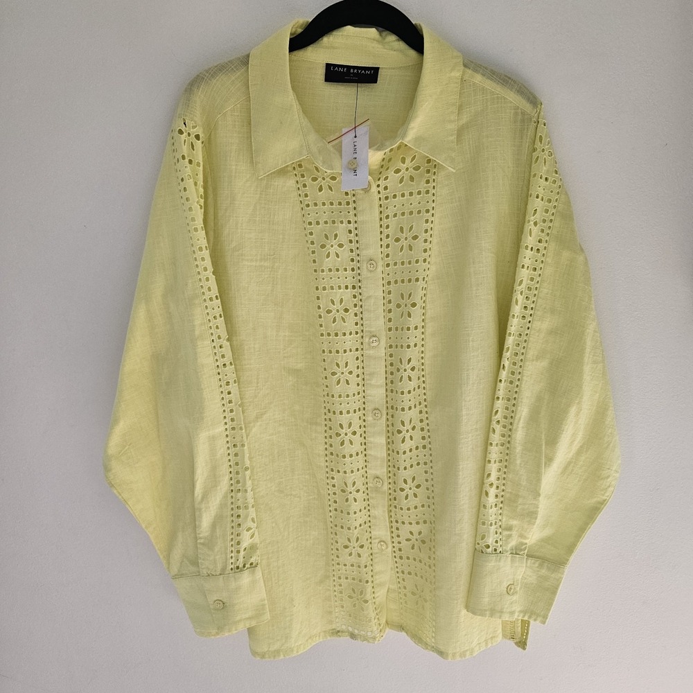 New LANE BRYANT Yellow Peasant Blouse 16 Cotton Eyelet Long Sleeve Top Button Up